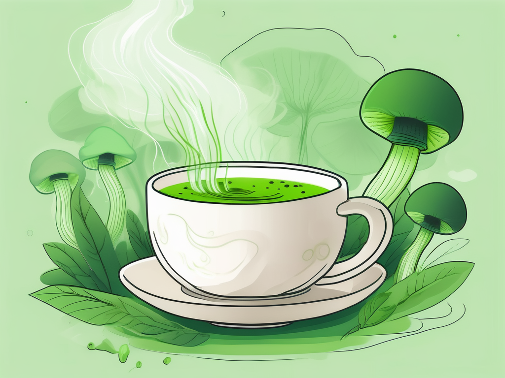 A steaming cup of matcha tea with mushrooms artistically incorporated into the steam